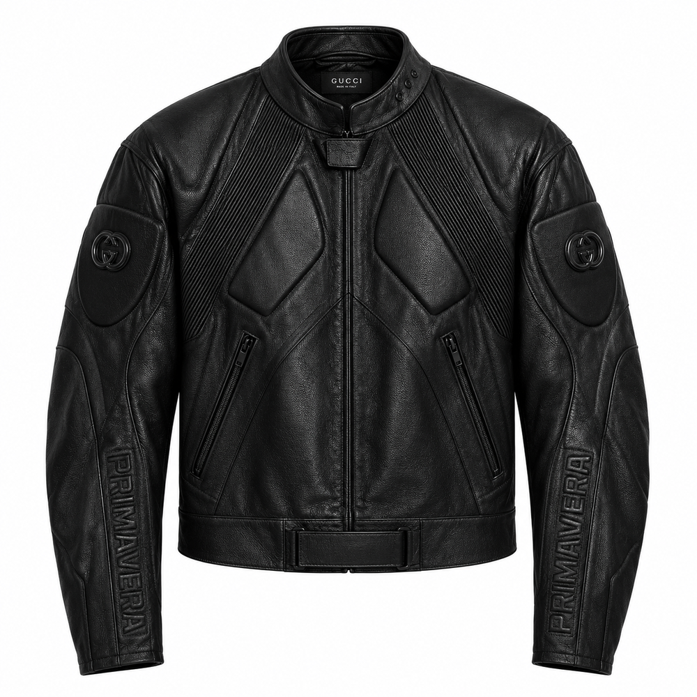 Men's black embossed quilted leather moto jacket with stand collar, front view