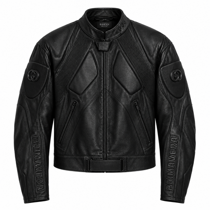 Men's black embossed quilted leather moto jacket with stand collar, front view