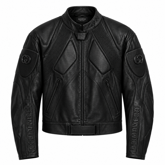 Men's black embossed quilted leather moto jacket with stand collar, front view