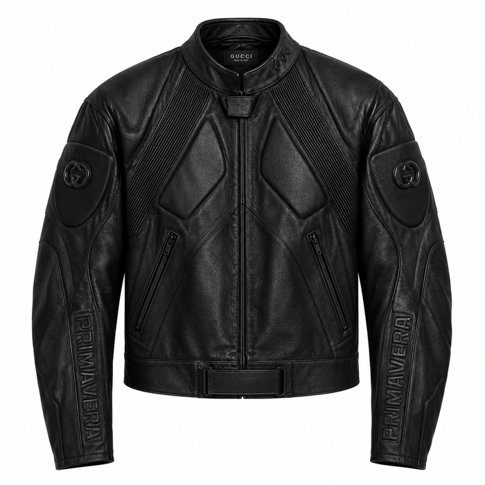 Men's black embossed quilted leather moto jacket with stand collar, front view