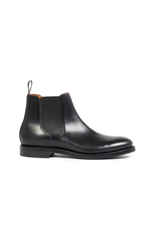 Men's black polished leather Chelsea boot, side view