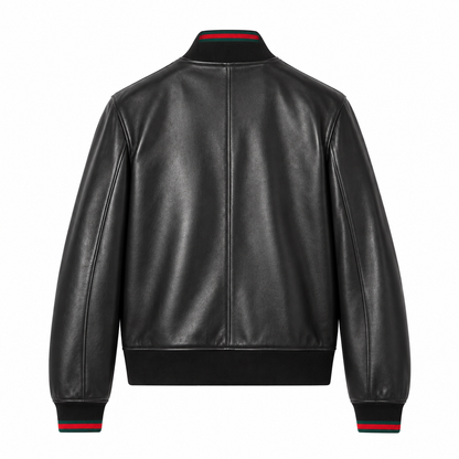 Back view of black leather bomber jacket with red-tipped ribbed cuffs and hem