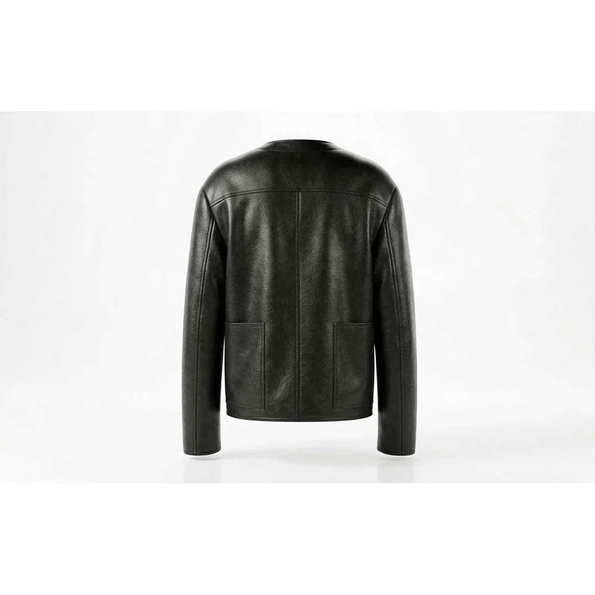 Back view of men's black collarless cowhide leather jacket