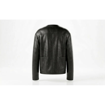 Back view of men's black collarless cowhide leather jacket
