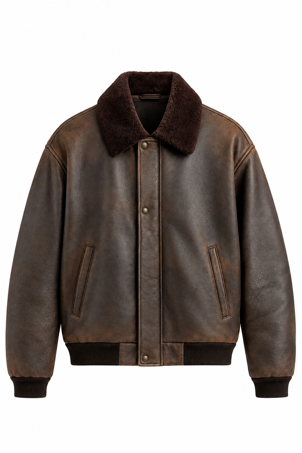Braune Herren-Lederbomberjacke mit Kragen in Lammfelloptik