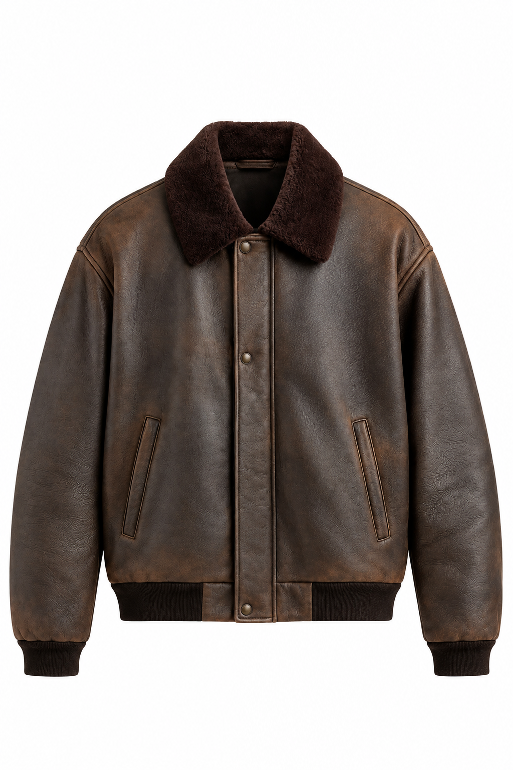 Men's brown distressed leather bomber jacket with shearling-style collar, front view