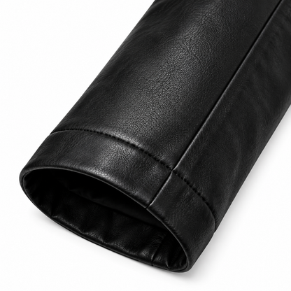 Close-up of sleeve and cuff on women's black leather biker jacket