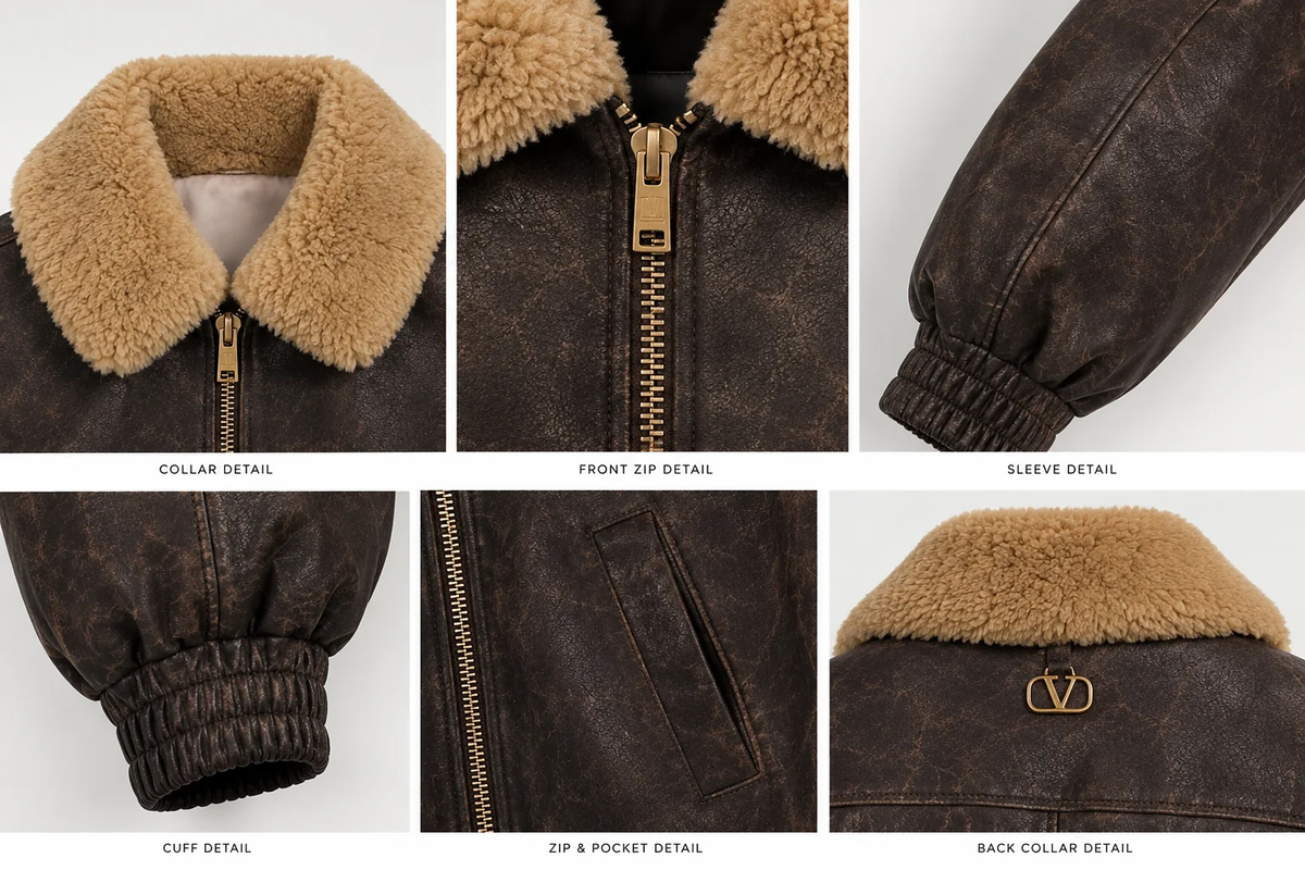 Close-up of faux fur collar, zip, cuff, pocket and distressed leather details