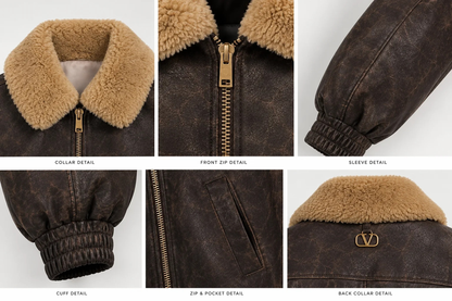 Close-up of faux fur collar, zip, cuff, pocket and distressed leather details