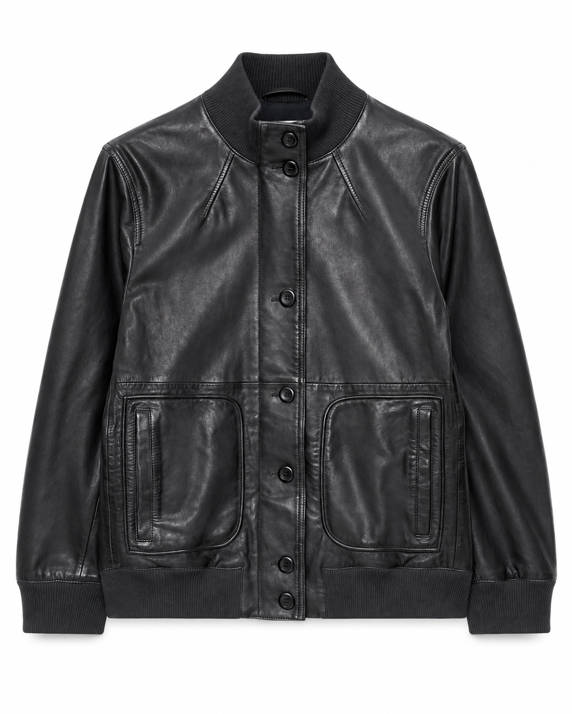 Women's black leather bomber jacket with ribbed collar and snap-button front, front view