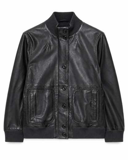 Women's black leather bomber jacket with ribbed collar and snap-button front, front view