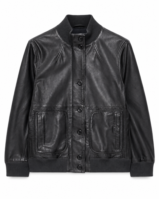 Women's black leather bomber jacket with ribbed collar and snap-button front, front view