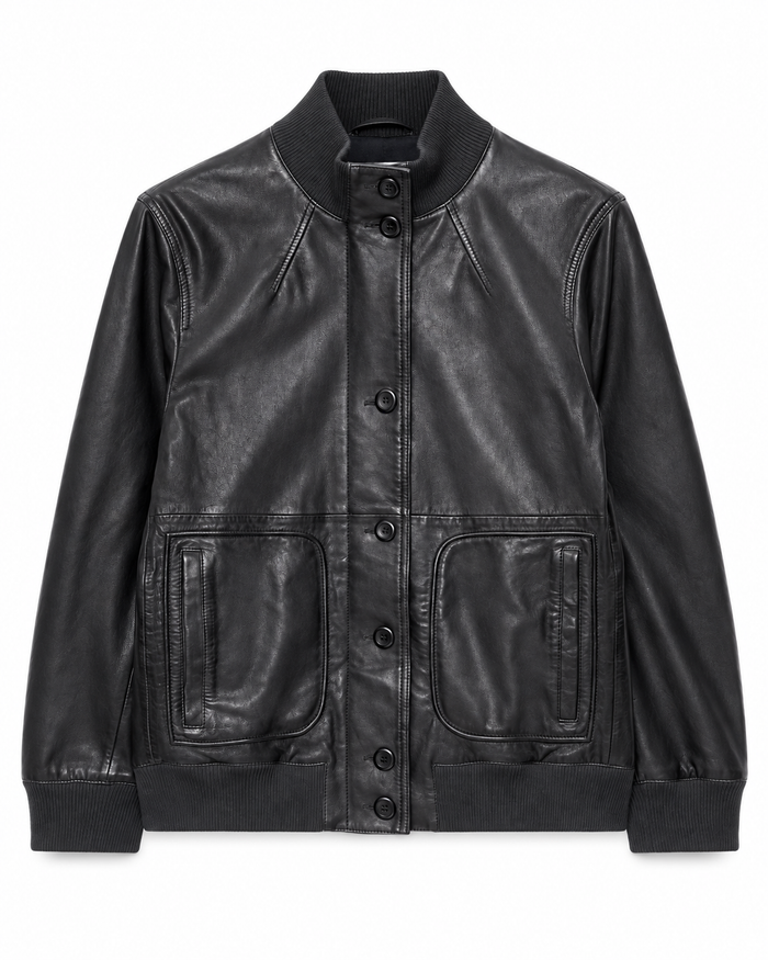 Women's black leather bomber jacket with ribbed collar and snap-button front, front view