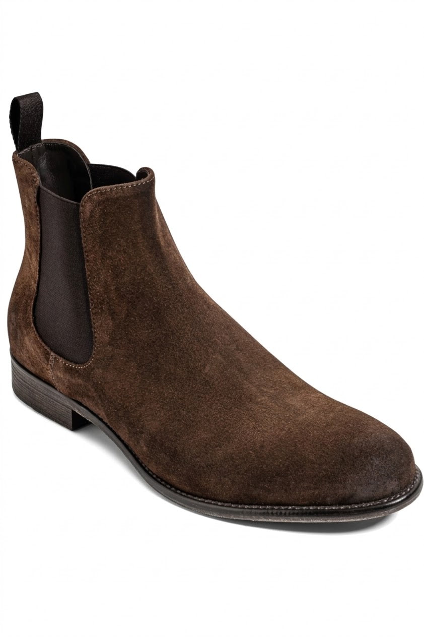 Men's dark brown suede Chelsea boot, side view