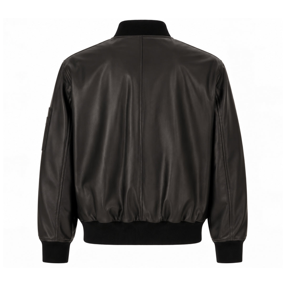 Back view of men's black leather MA-1 bomber jacket with ribbed hem