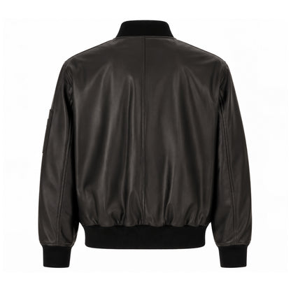Back view of men's black leather MA-1 bomber jacket with ribbed hem