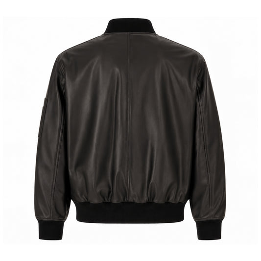 Back view of men's black leather MA-1 bomber jacket with ribbed hem