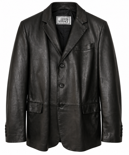 Men's black leather blazer with notched lapels, front view