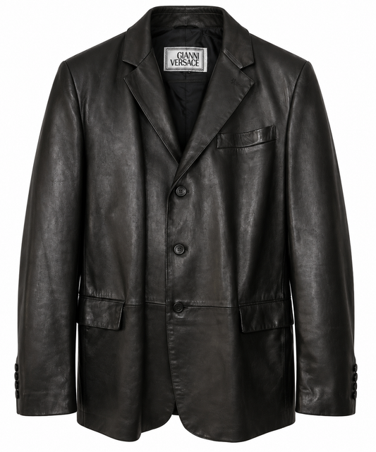 Men's black leather blazer with notched lapels, front view