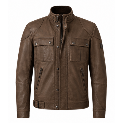 Men's brown leather utility field jacket with stand collar and four pockets, front view