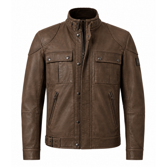 Men's brown leather utility field jacket with stand collar and four pockets, front view