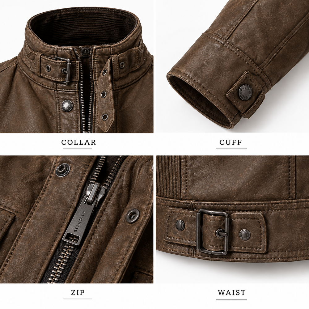 Close-up of collar, cuff strap, zip and buckle waist tab