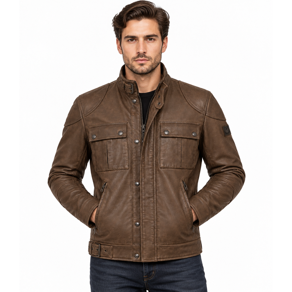 Man wearing brown leather utility field jacket