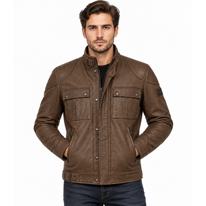 Man wearing brown leather utility field jacket