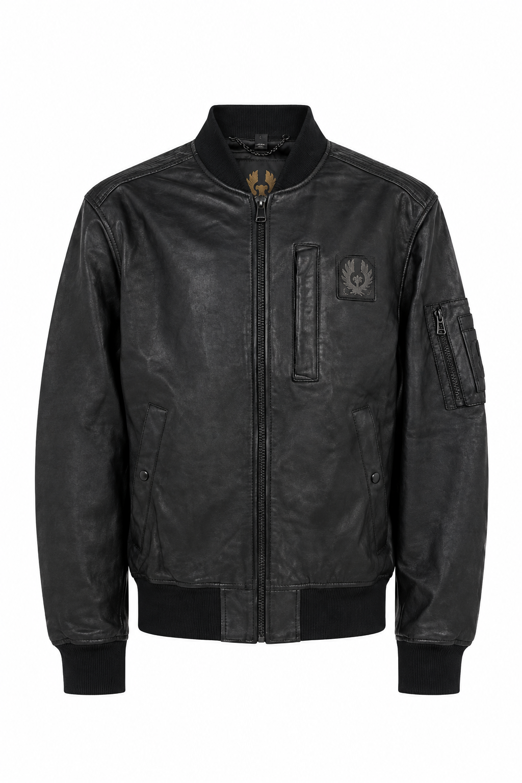 Men's black genuine leather bomber jacket with ribbed collar and full zip, front view