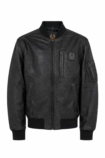 Men's black genuine leather bomber jacket with ribbed collar and full zip, front view