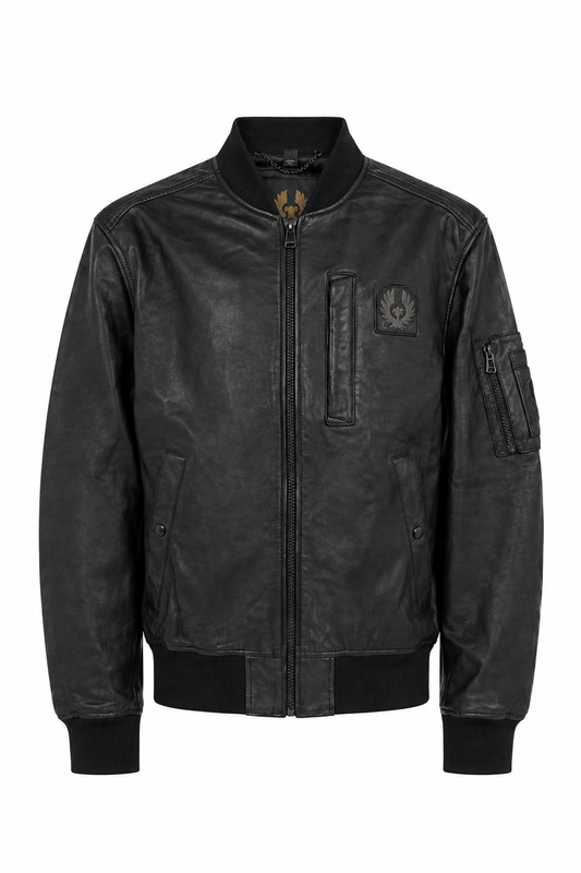 Men's black genuine leather bomber jacket with ribbed collar and full zip, front view