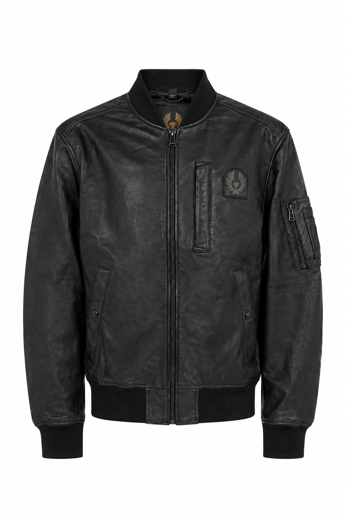 Men's black genuine leather bomber jacket with ribbed collar and full zip, front view