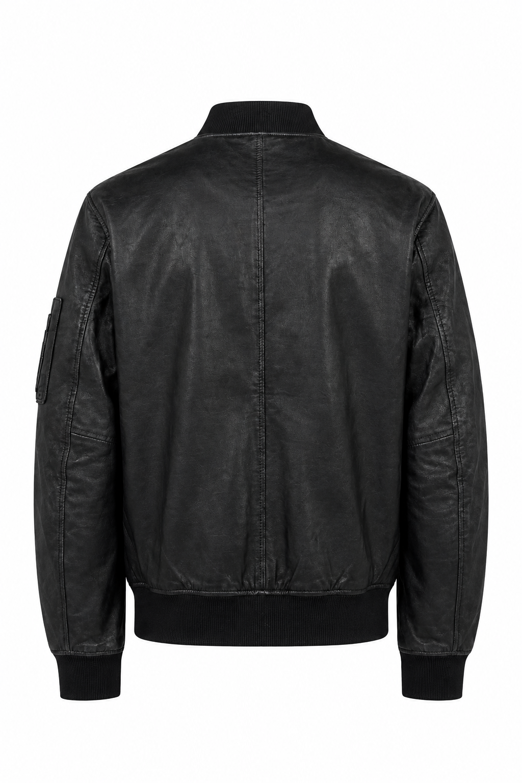 Back view of men's black leather bomber jacket with ribbed waistband