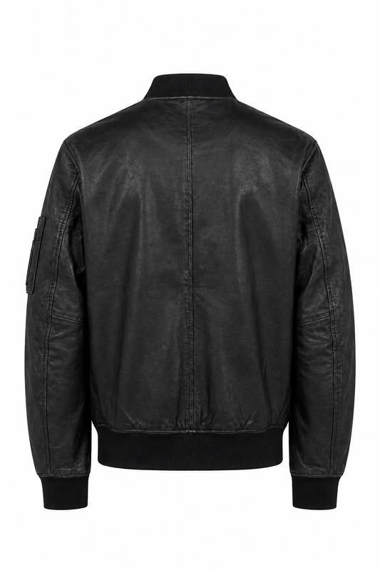 Back view of men's black leather bomber jacket with ribbed waistband