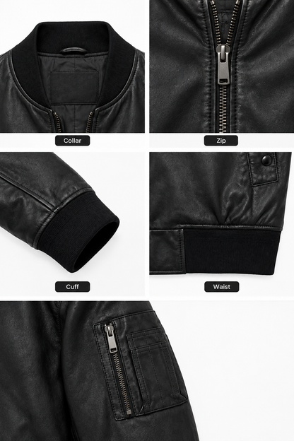 Close-up details of collar, zip, sleeve pocket and cuff on black leather bomber