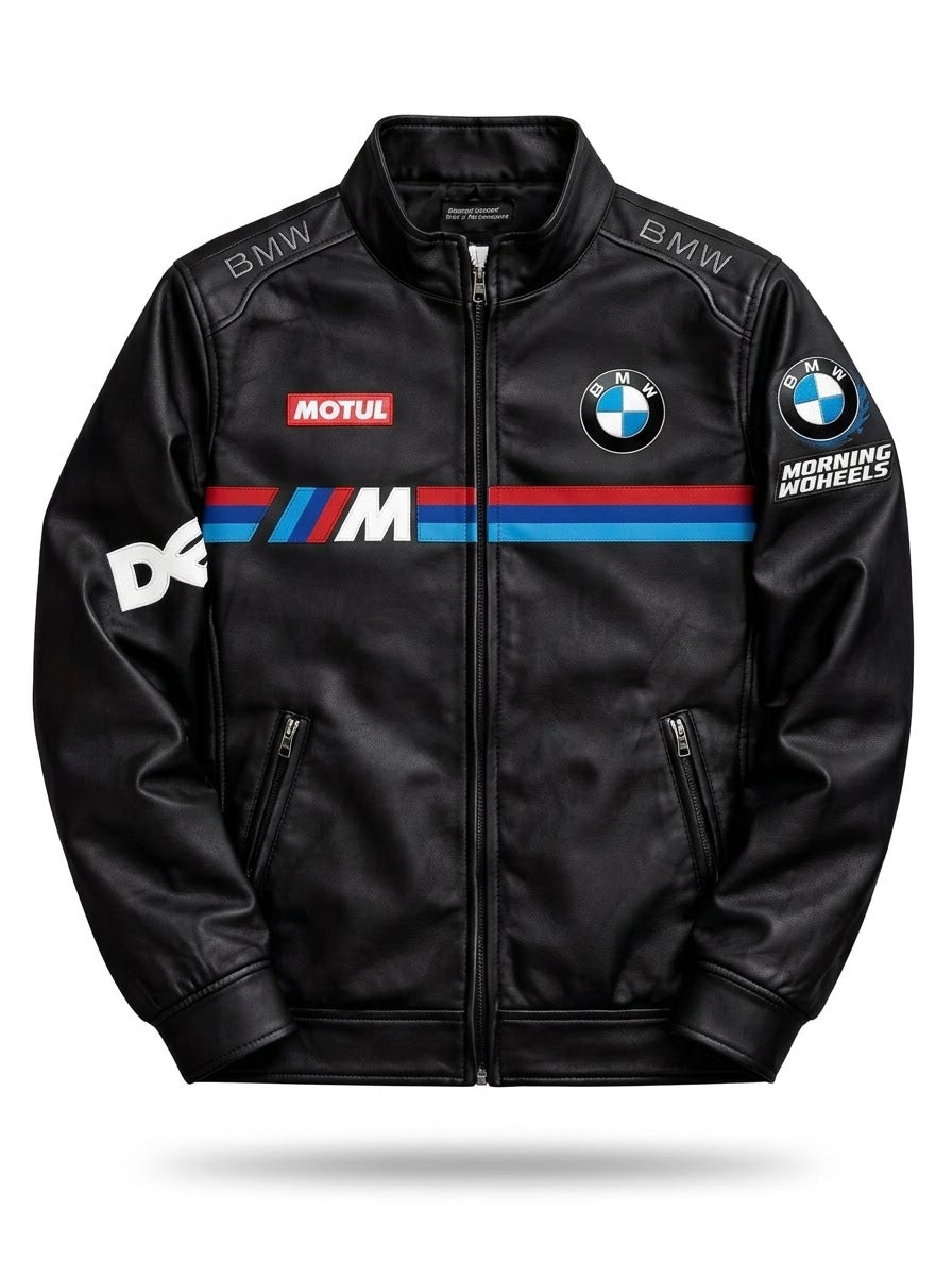 Men's black leather racing jacket with blue and red racing stripe, front view