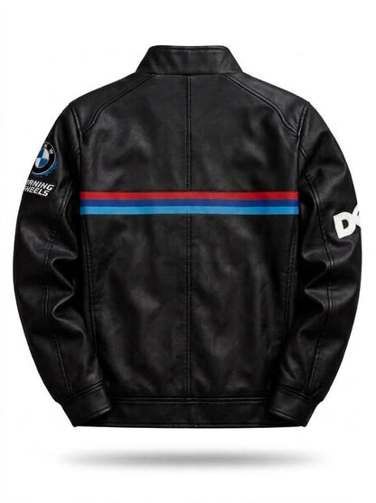 Back view of black leather racing jacket with blue and red stripe