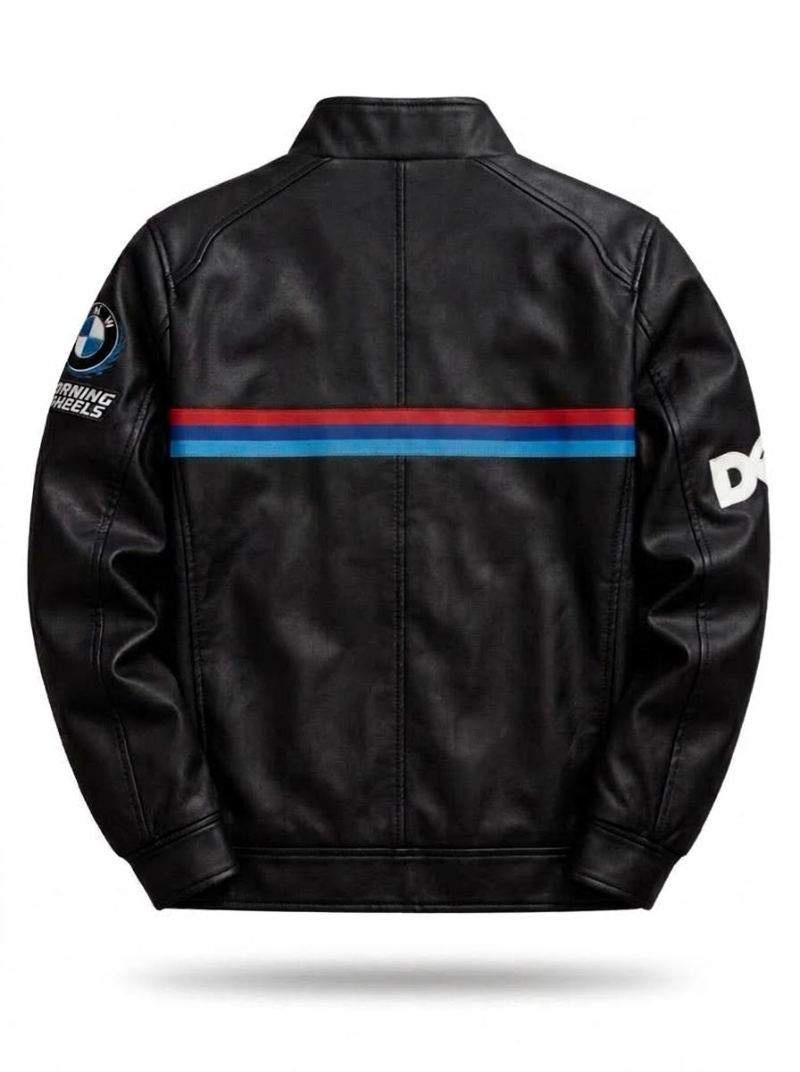 BMW Men's Black Leather Racing Jacket – Striped Panels – detail view