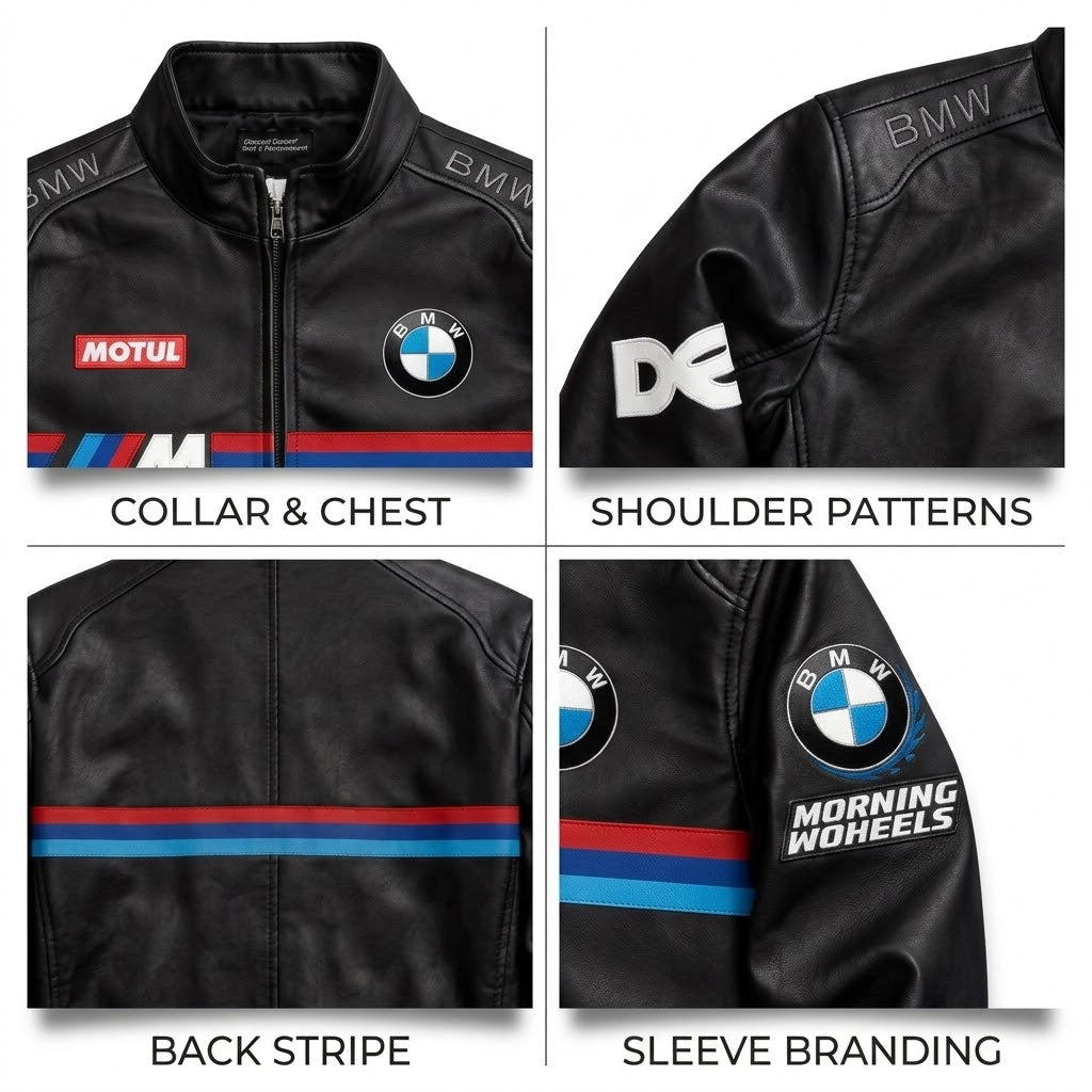 Close-up of collar, shoulder graphics, back stripe and sleeve patches on black racing jacket