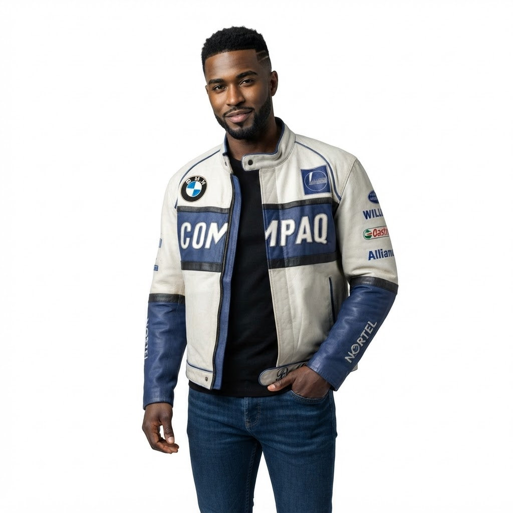 Man wearing cream and blue vintage leather racing jacket