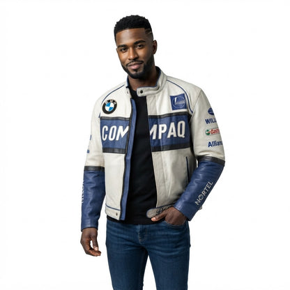 Man wearing cream and blue vintage leather racing jacket