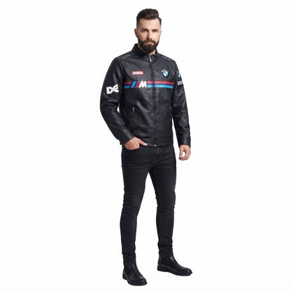 Man wearing black leather racing stripe jacket with black jeans