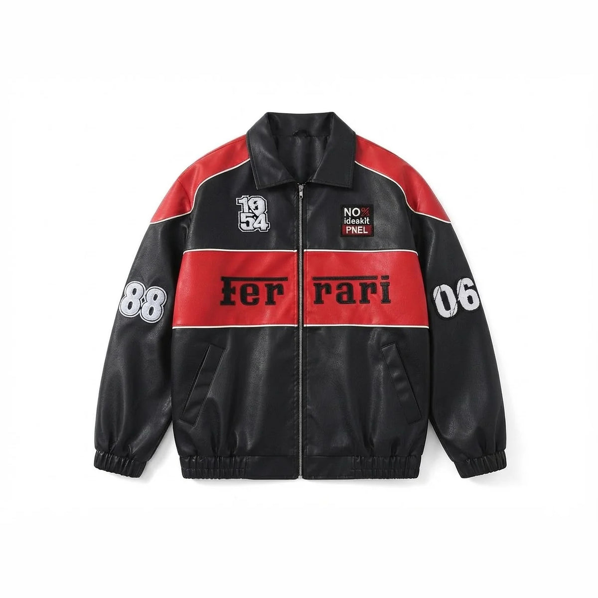 Men's black and red leather racing bomber jacket with colorblock chest stripe, front view