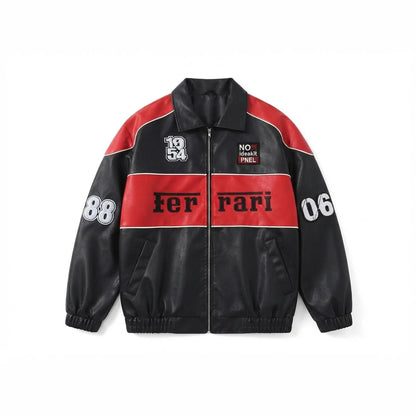 Men's black and red leather racing bomber jacket with colorblock chest stripe, front view