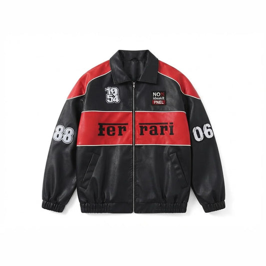 Men's black and red leather racing bomber jacket with colorblock chest stripe, front view