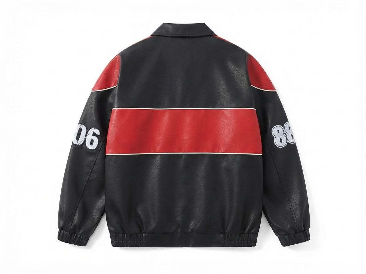 Back view of black and red leather racing bomber jacket with red stripe and sleeve numbers