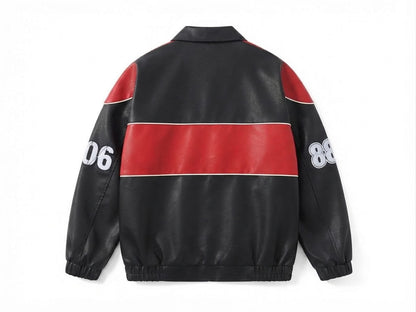 Back view of black and red leather racing bomber jacket with red stripe and sleeve numbers