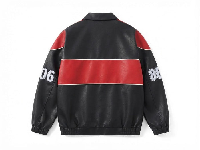 Back view of black and red leather racing bomber jacket with red stripe and sleeve numbers