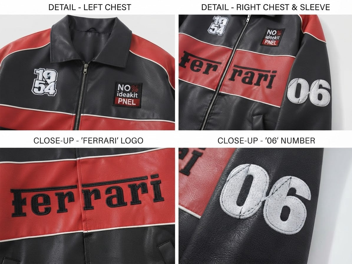 Close-up of chest patch, sleeve number and red stripe details on leather racing bomber jacket