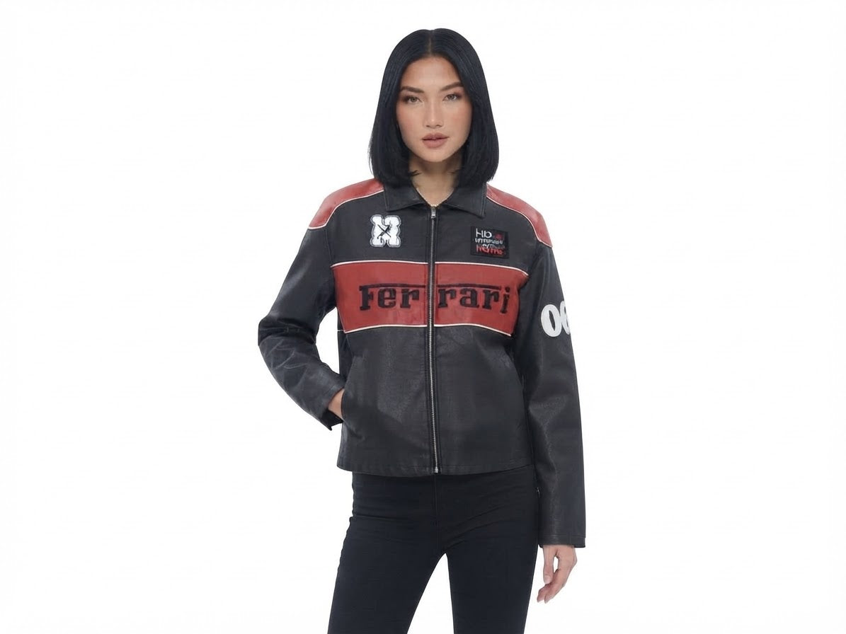 Model wearing black and red vintage leather racing bomber jacket